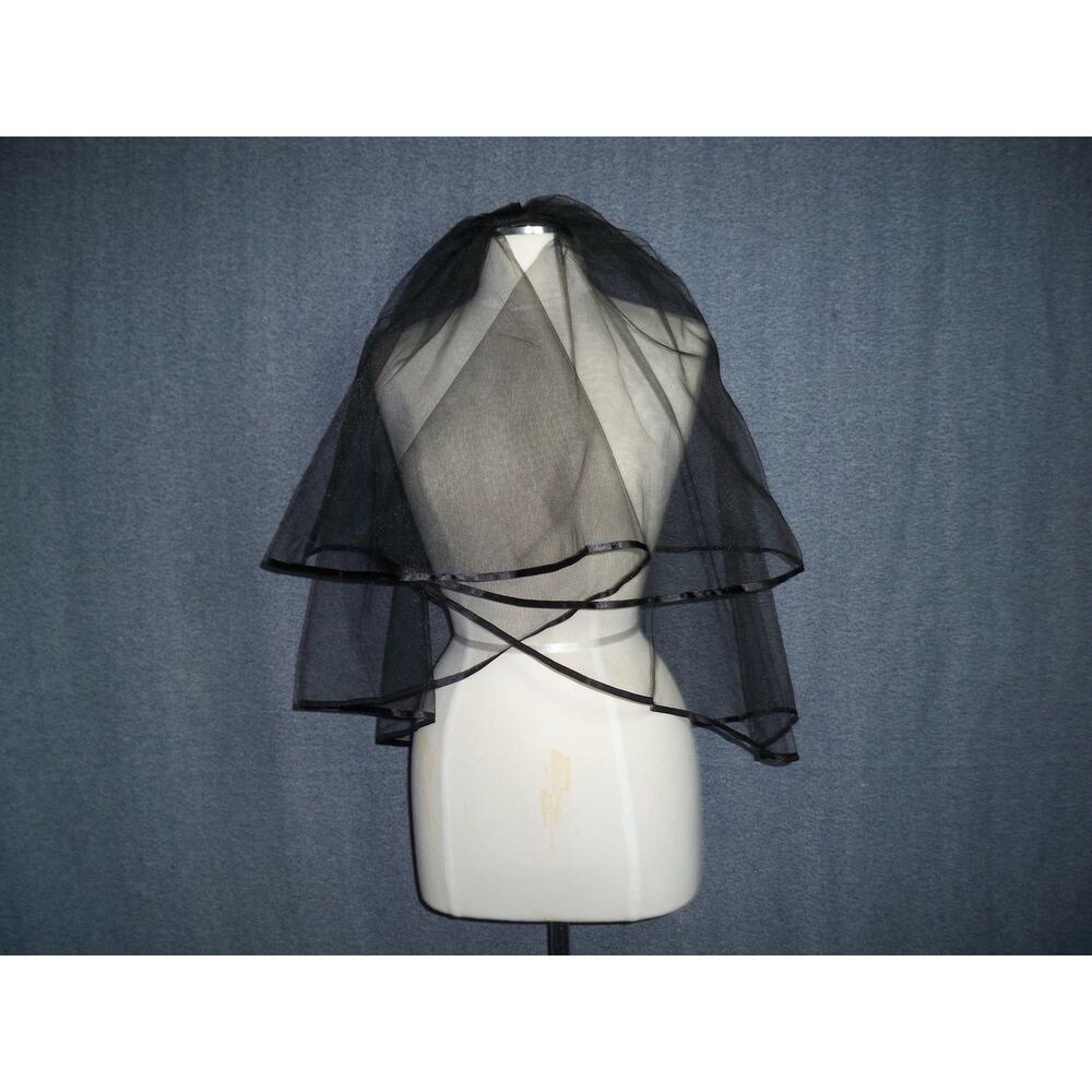 Black 2 tier gothic wedding black satin ribbon edge Costume Renaissance Veil